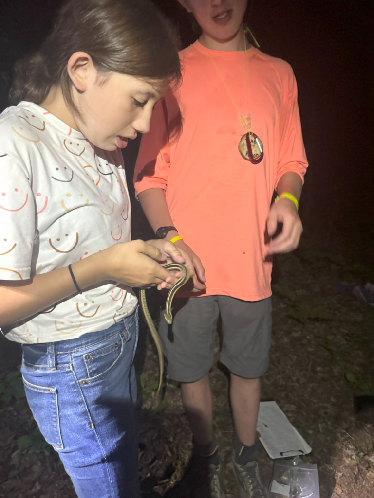 Two campers getting to examine a garter snake.