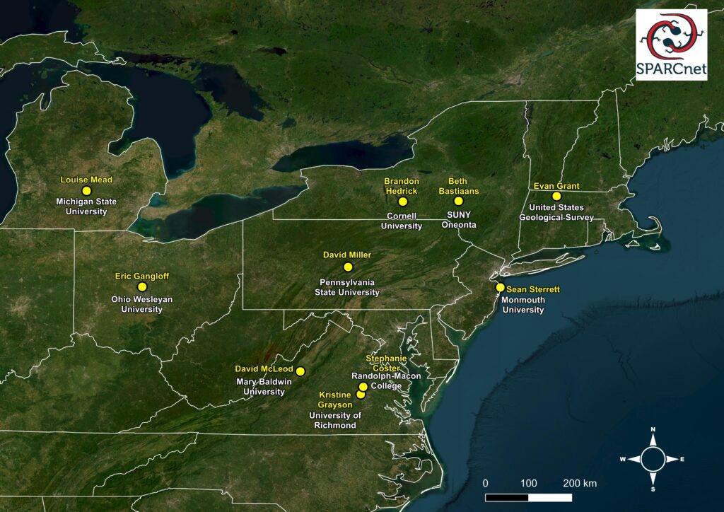 Map of the northern United States showing the locations of the SPARCnet RaMP mentors and their institutions