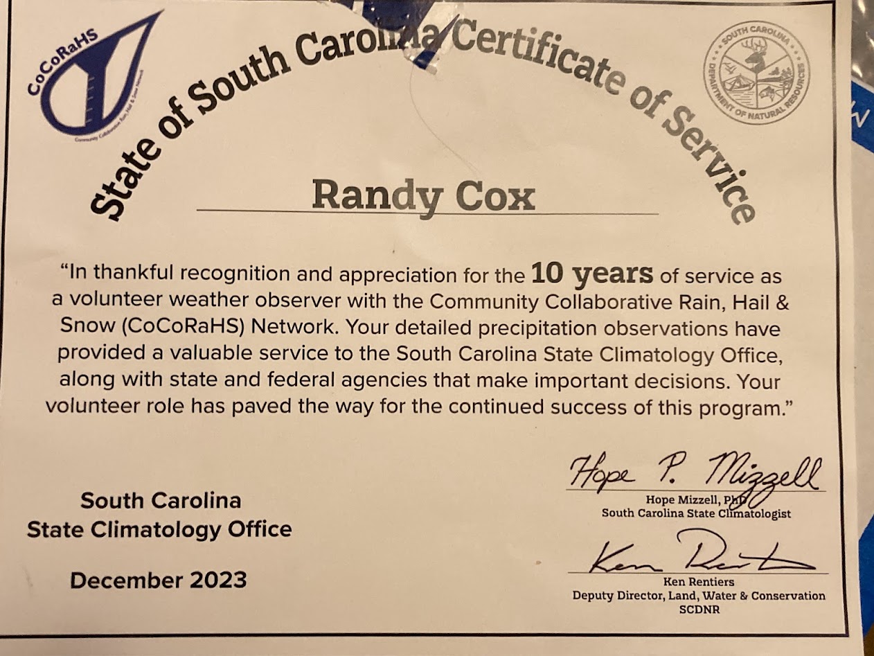 A few years ago, my dad received a certificate from the South Carolina State Climatology Office for 10 years of “detailed precipitation observations.” Citizen science data comes in many forms and is valuable across scientific fields.